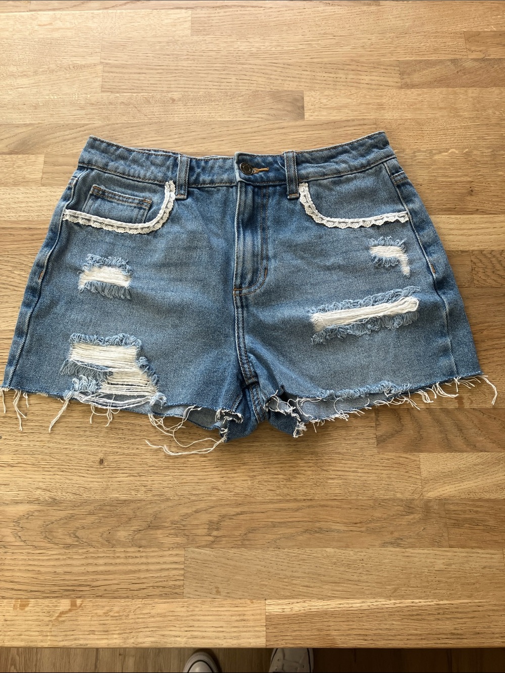 Cello Frayed Light Blue Distressed Denim Shorts with Lace Trim